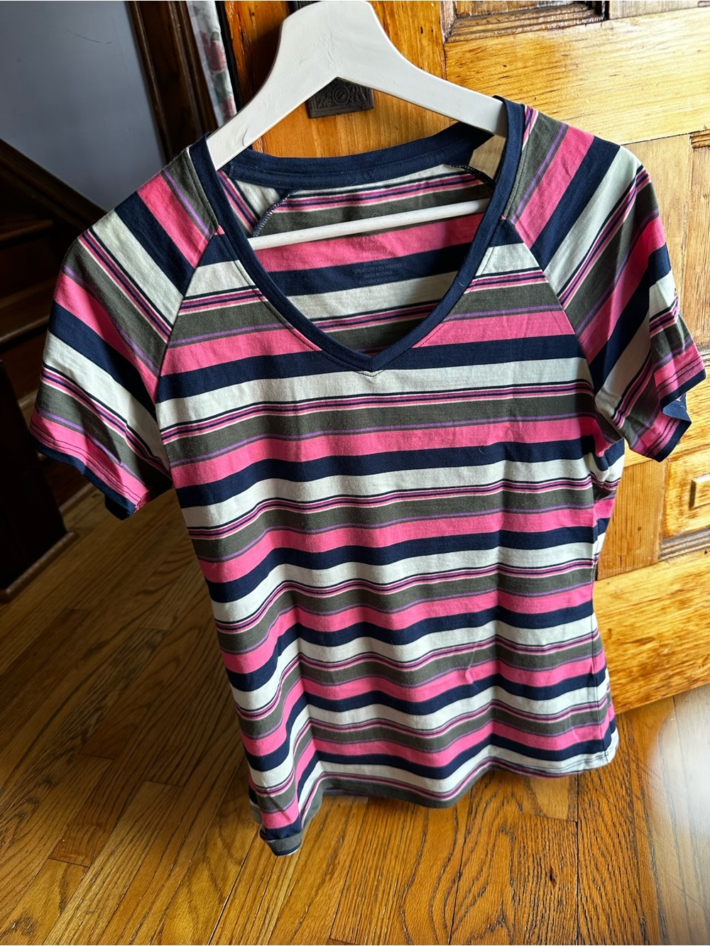 Merino Striped V-Neck Tee in Pink, Navy & Cream